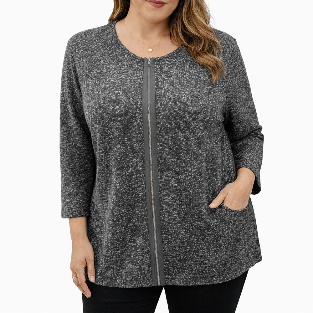 TTalbots Zip Front Sweater Size 2X Black Marled Knit‎ Minimalist